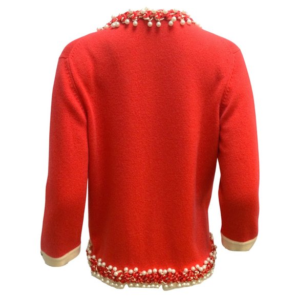 Chanel Pearl Embellished Braided Trim Long Sleeved Cashmere Knit Cardigan Poppy - Picture 3 of 6
